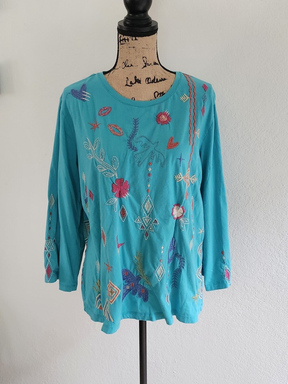 Johnny Was Turquoise Embroidered Long Sleeve Top Sz XL